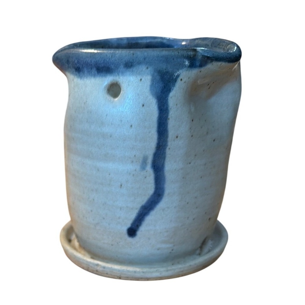 Studio Pottery Planter With Blue Cobalt Drip Design Unique Artist Signed - Picture 2 of 7
